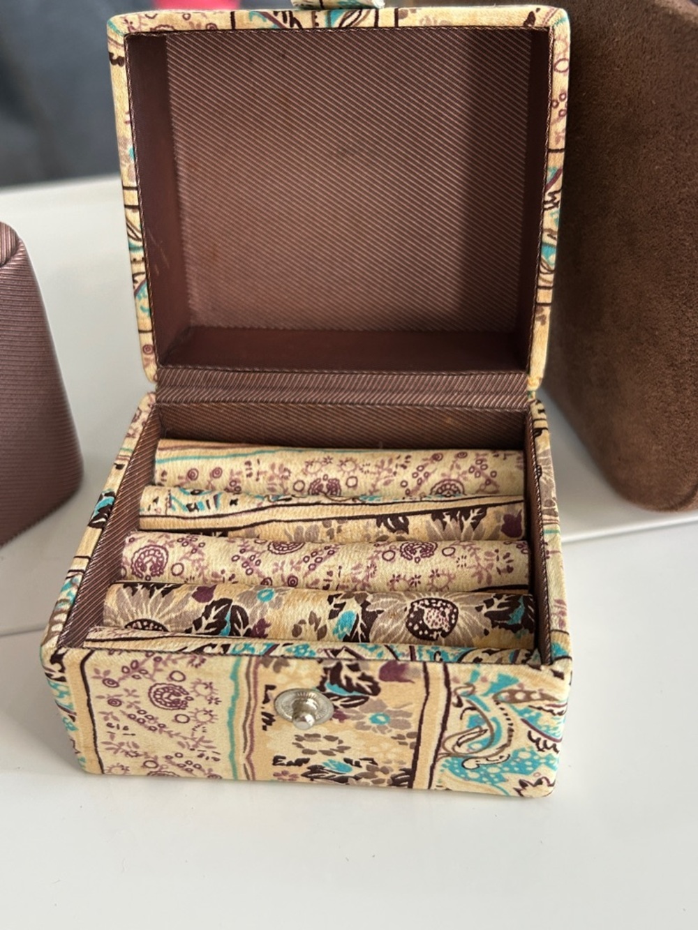 WOLF Designs Jewelry Box Travel Case | Brown Faux Suede | Paisley | Multi Tier - Picture 10 of 11